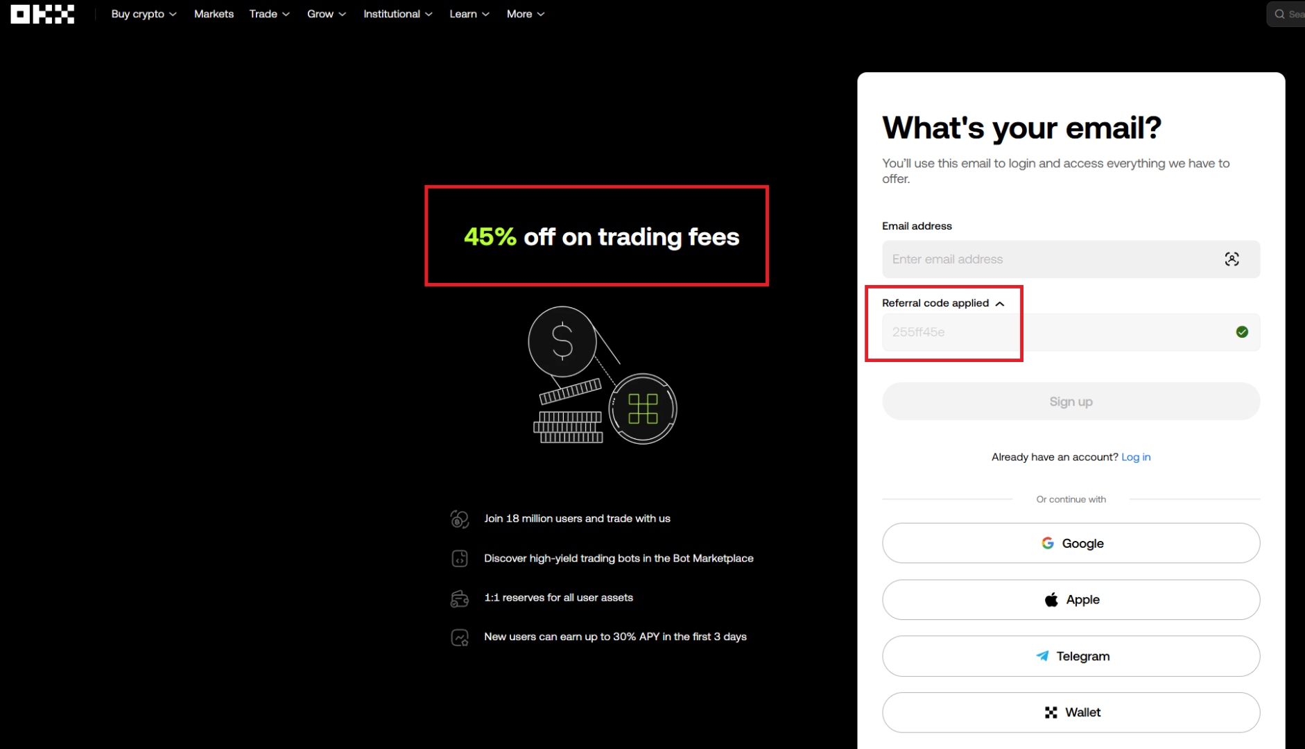 Screenshot showing OKX 45% off promo code 255FF45E applied at sign-up