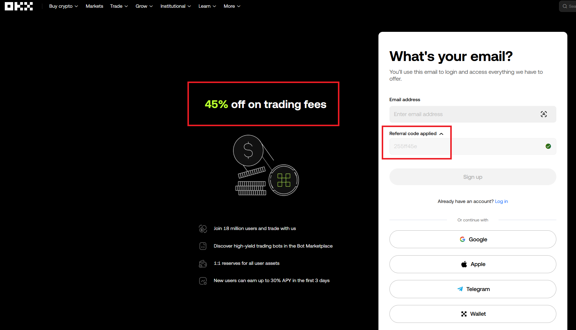 Screenshot showing OKX 45% off promo code 255FF45E applied at sign-up