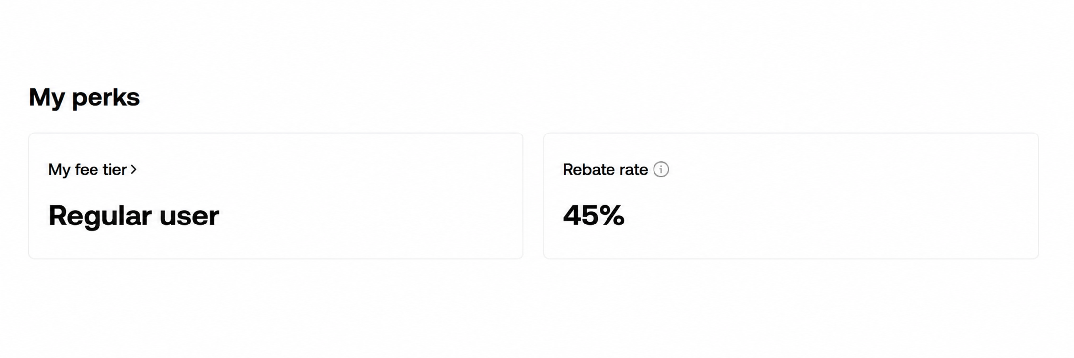 Screenshot of OKX Rewards page showing 45% trading fees rebate under My Perks